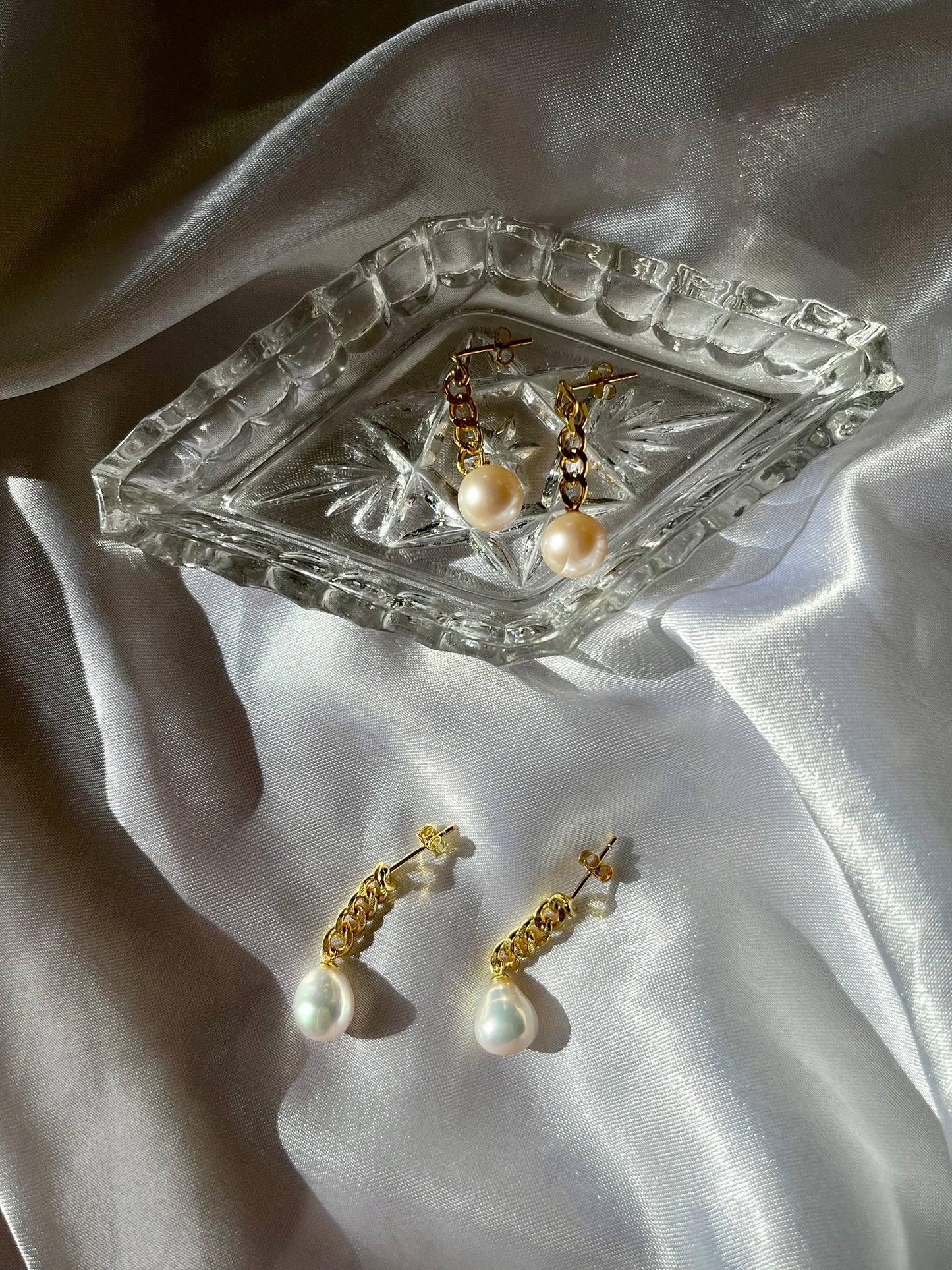 Freshwater pearl chunky gold plated silver cuba chain dangle earrings 