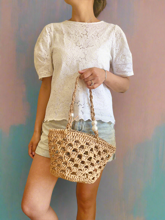 Boho crochet mini raffia tote with braided pearl handles