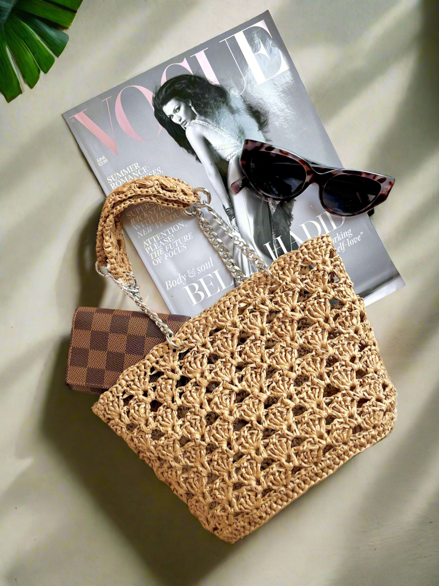 Mini raffia tote bag with silver hardware