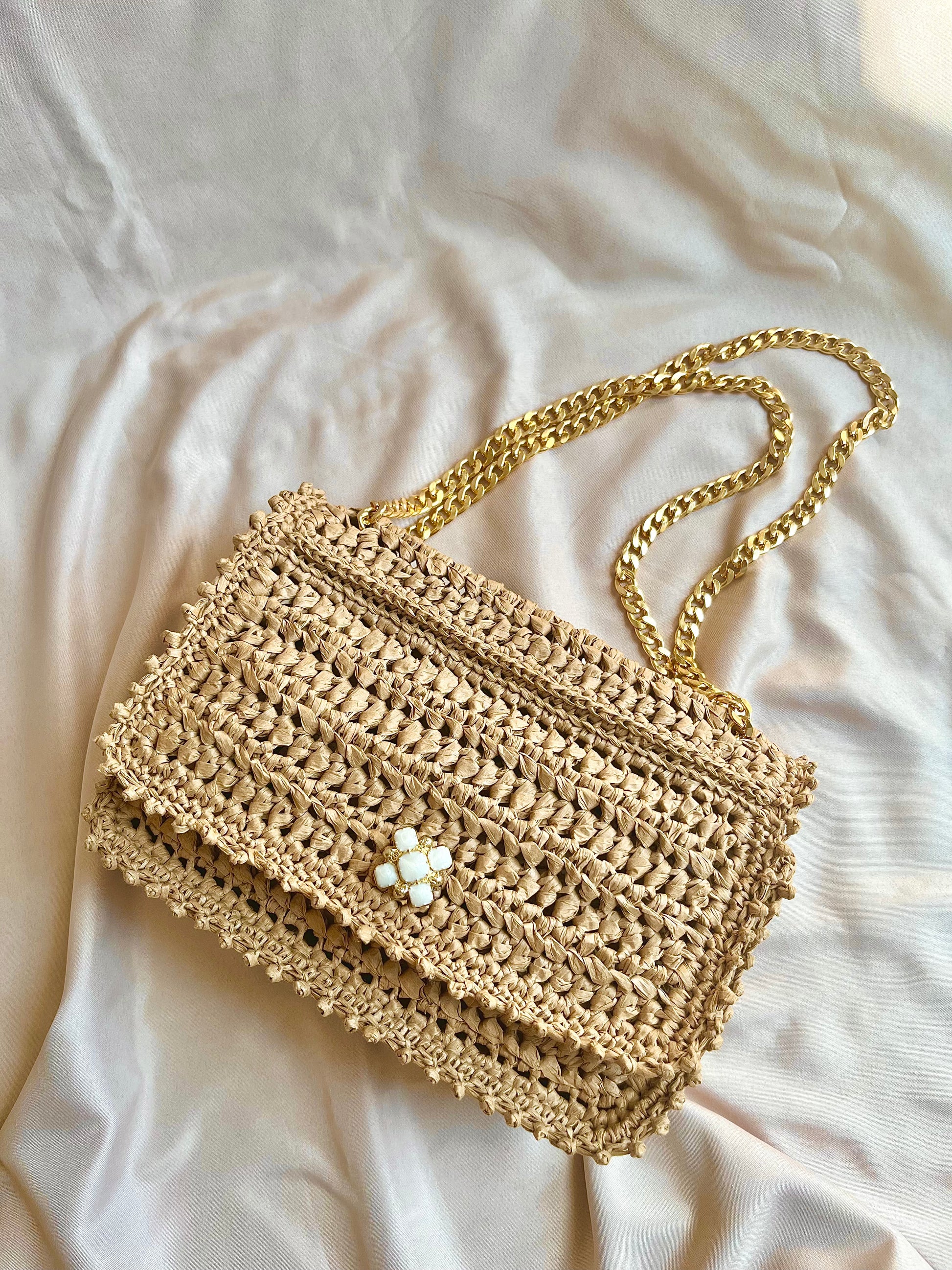 Parisian Chic raffia classic flap chain bag with embroidered beaded edging