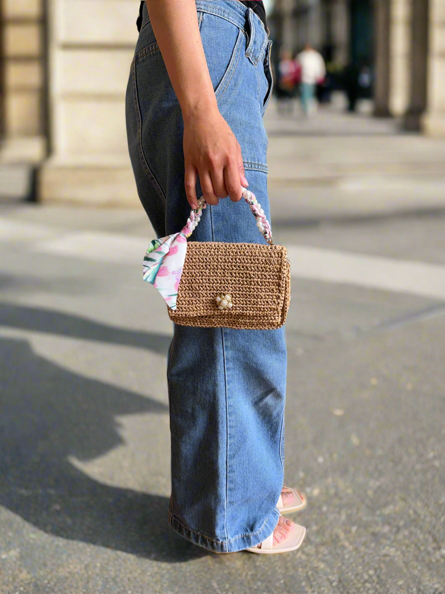 Parisian vibe mini raffia handbag with pearl and satin scarf top handle