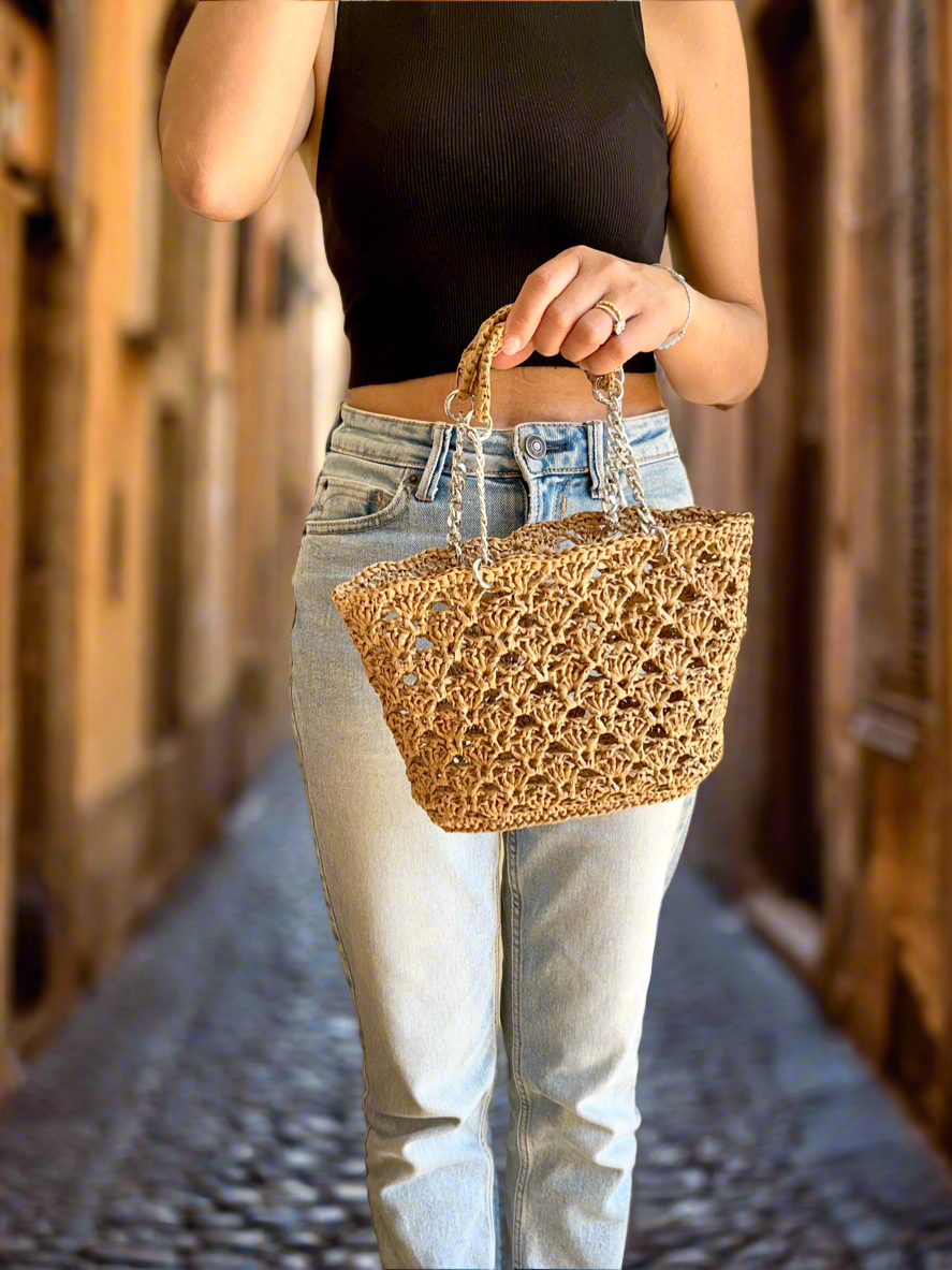 Mini raffia tote bag with silver hardware