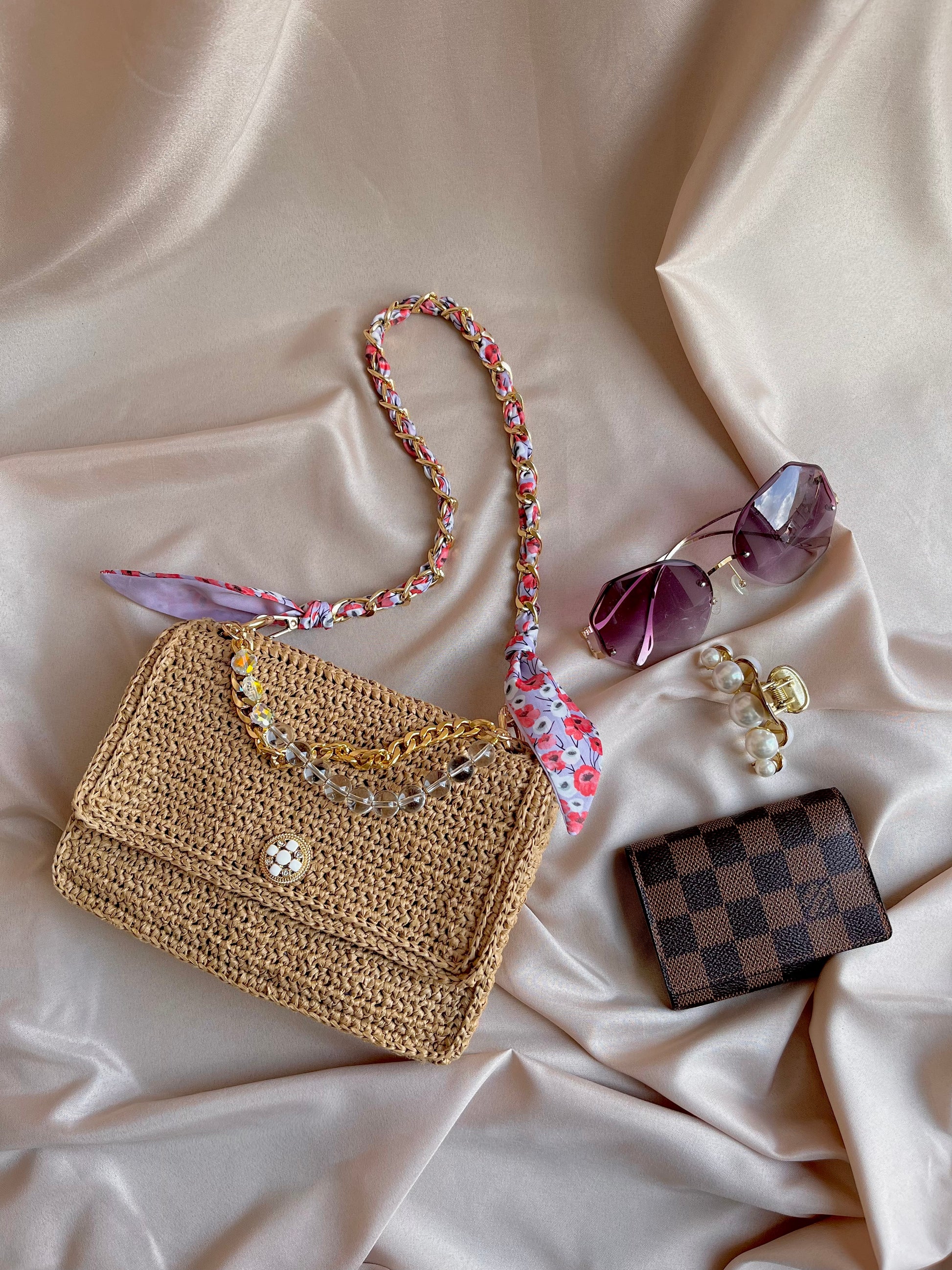 Boho Chic raffia classic flap bag with beaded handle