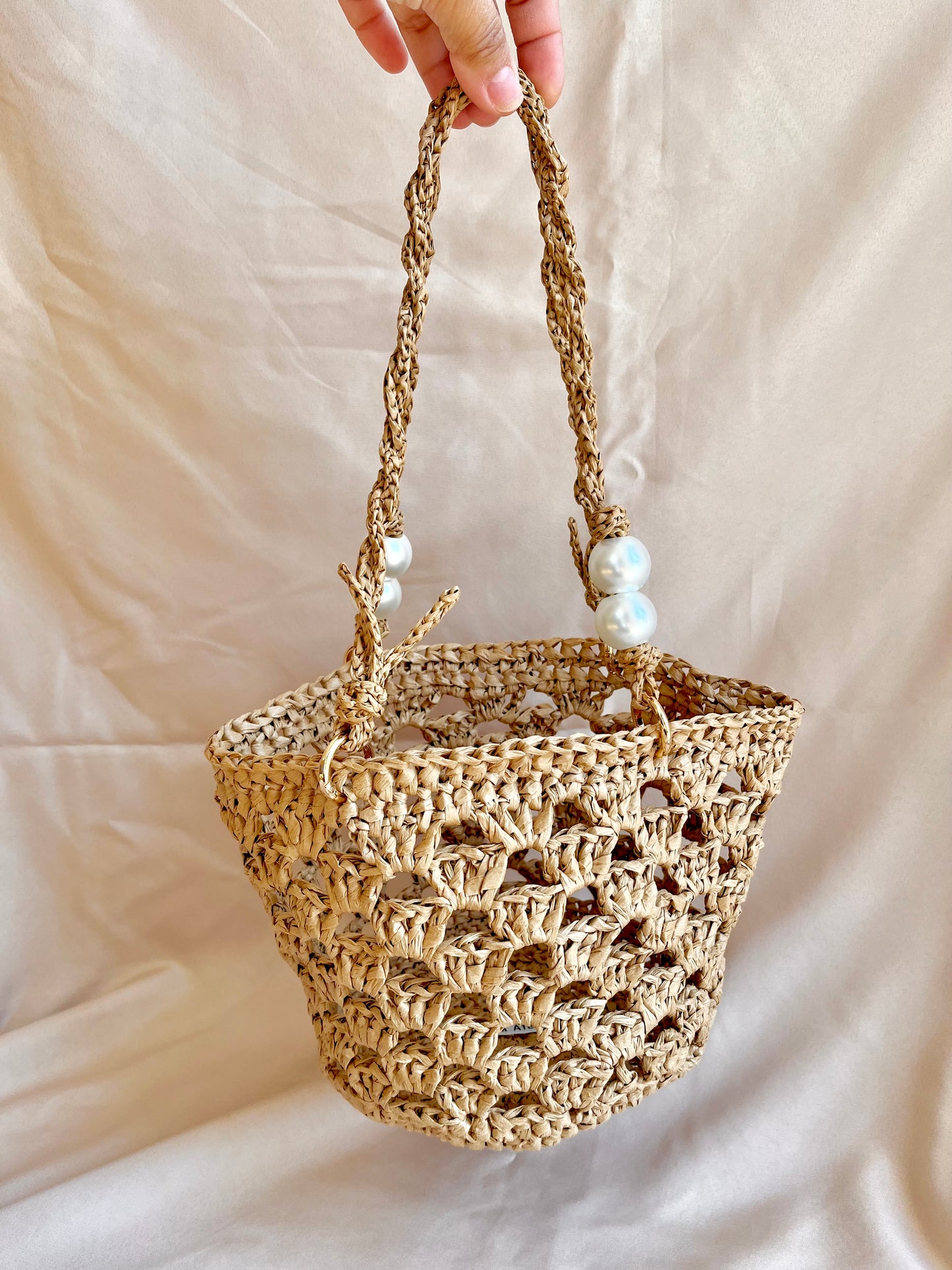 Boho crochet mini raffia tote with braided pearl handles