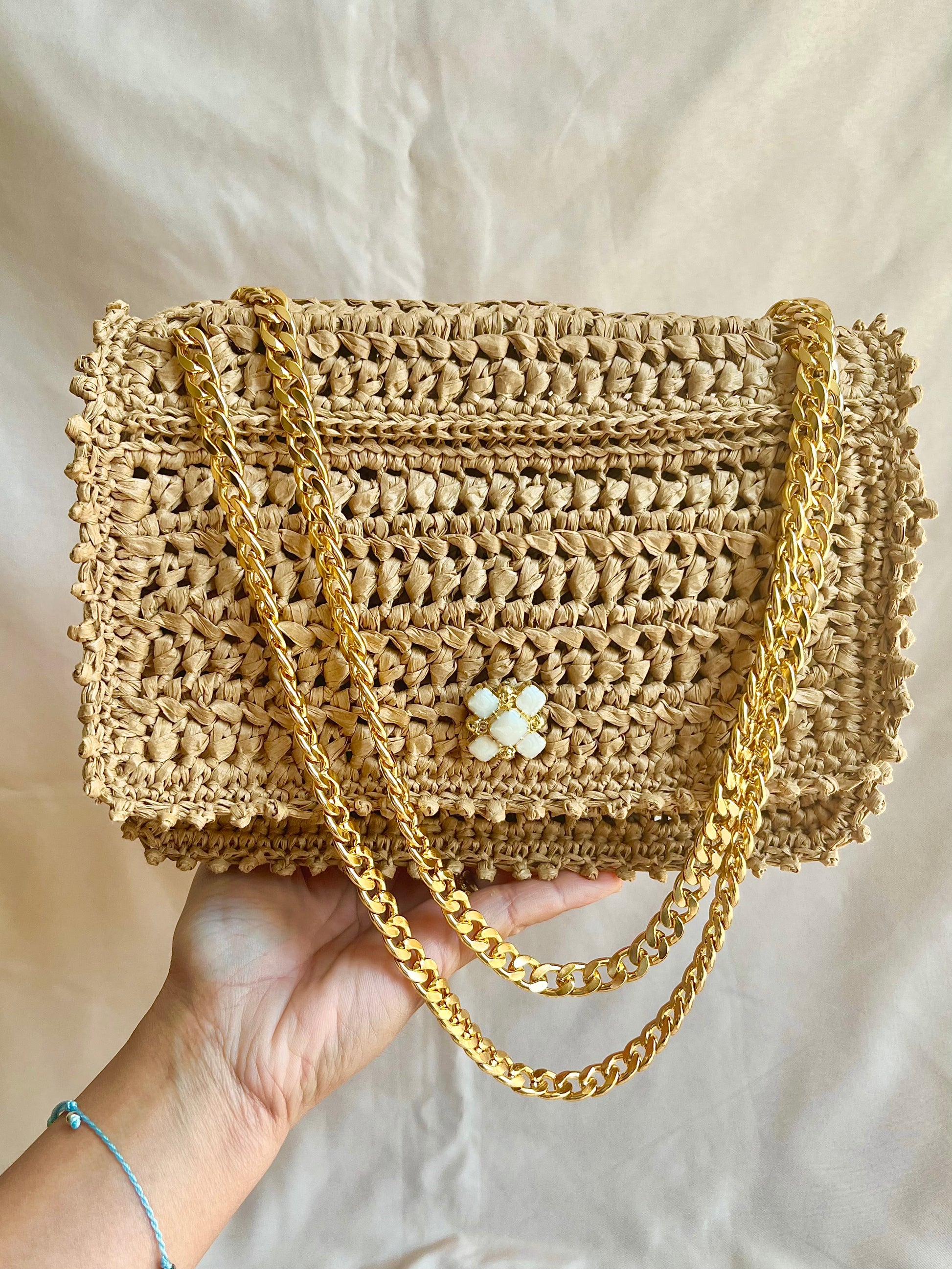 Parisian Chic raffia classic flap chain bag with embroidered beaded edging