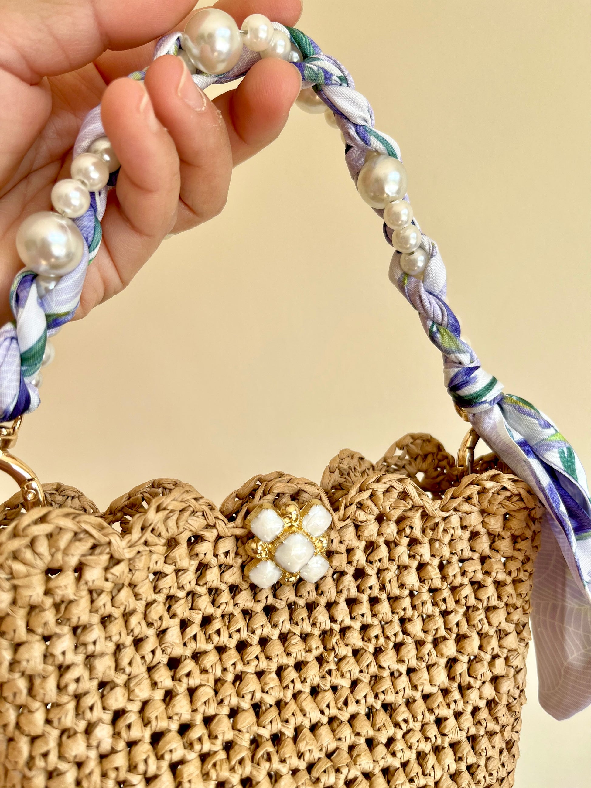 Chic and Elegant mini raffia handbag with lilac satin and pearl handle 