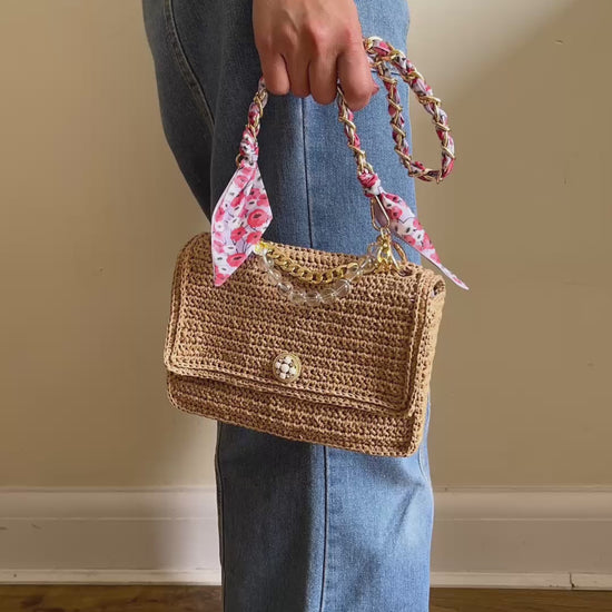 Boho Chic raffia classic flap bag with beaded handle