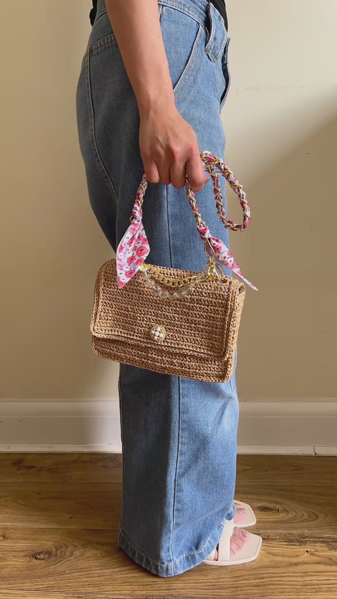Boho Chic raffia classic flap bag with beaded handle